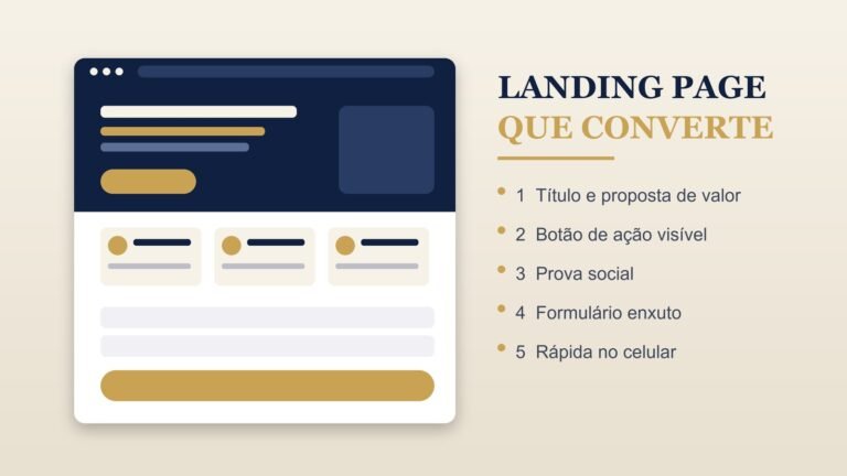 Landing page que converte: título, botão de ação, prova social, formulário enxuto e página rápida no celular