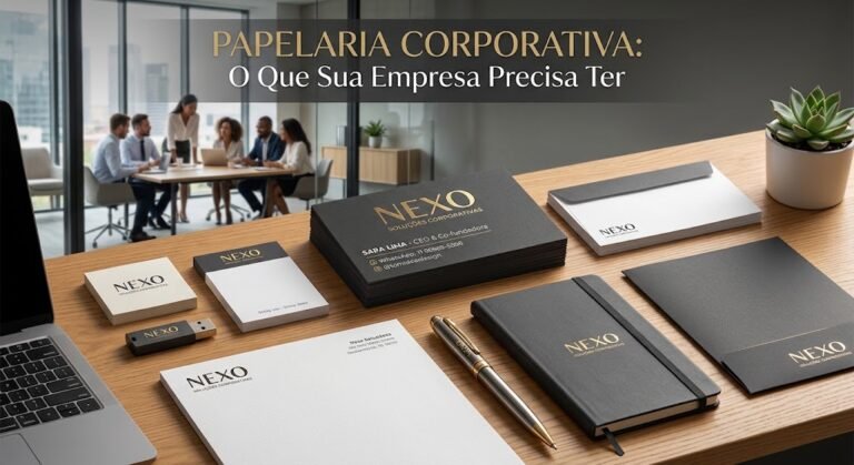 Papelaria corporativa: cartões de visita, papel timbrado, envelopes, pasta e caderno sobre uma mesa de escritório