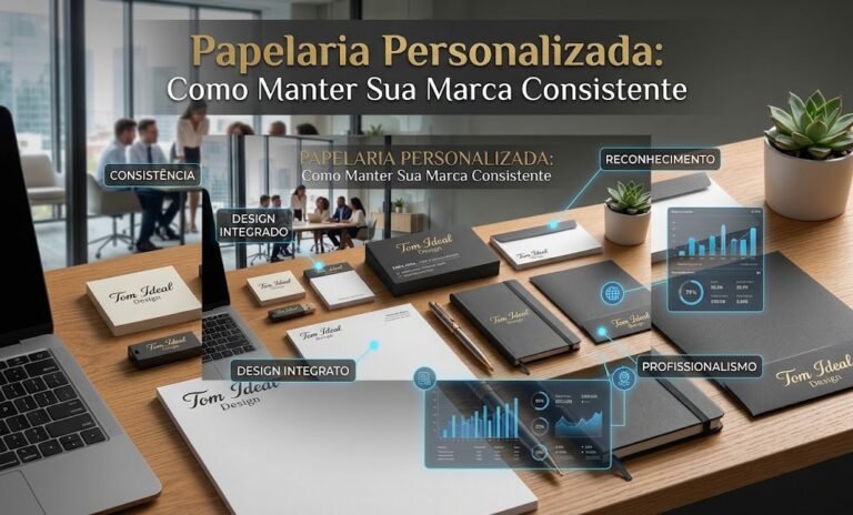 Papelaria personalizada com identidade visual consistente: cartões, papel timbrado, envelopes e pasta sobre uma mesa
